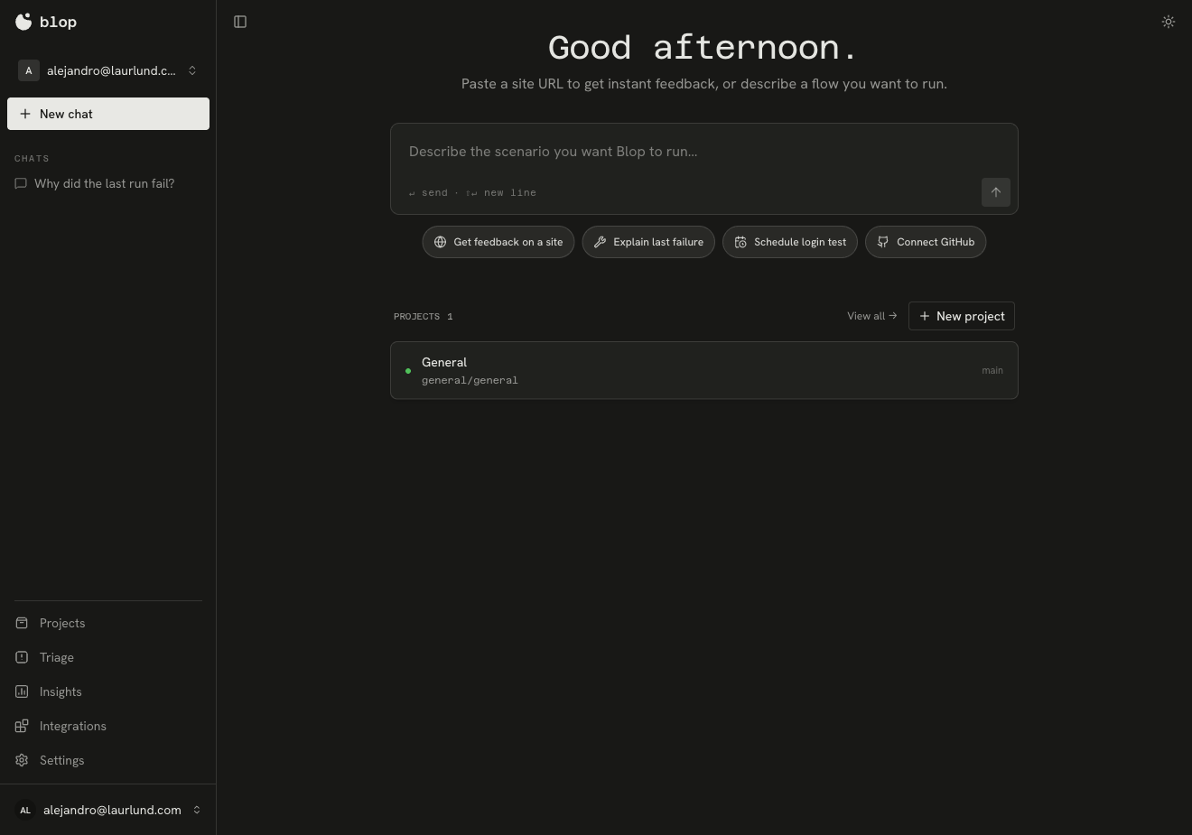 The blop dashboard — a chat-first QA control plane with projects, triage, and insights navigation